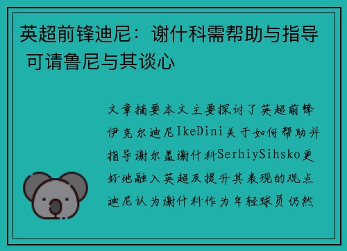 英超前锋迪尼：谢什科需帮助与指导 可请鲁尼与其谈心